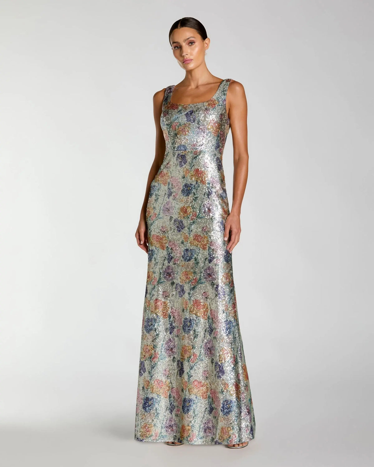 Silver Sleeveless Floral Sequin Gown
