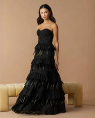 Black Strapless Sweetheart Lace Tiered Feather Ball Gown