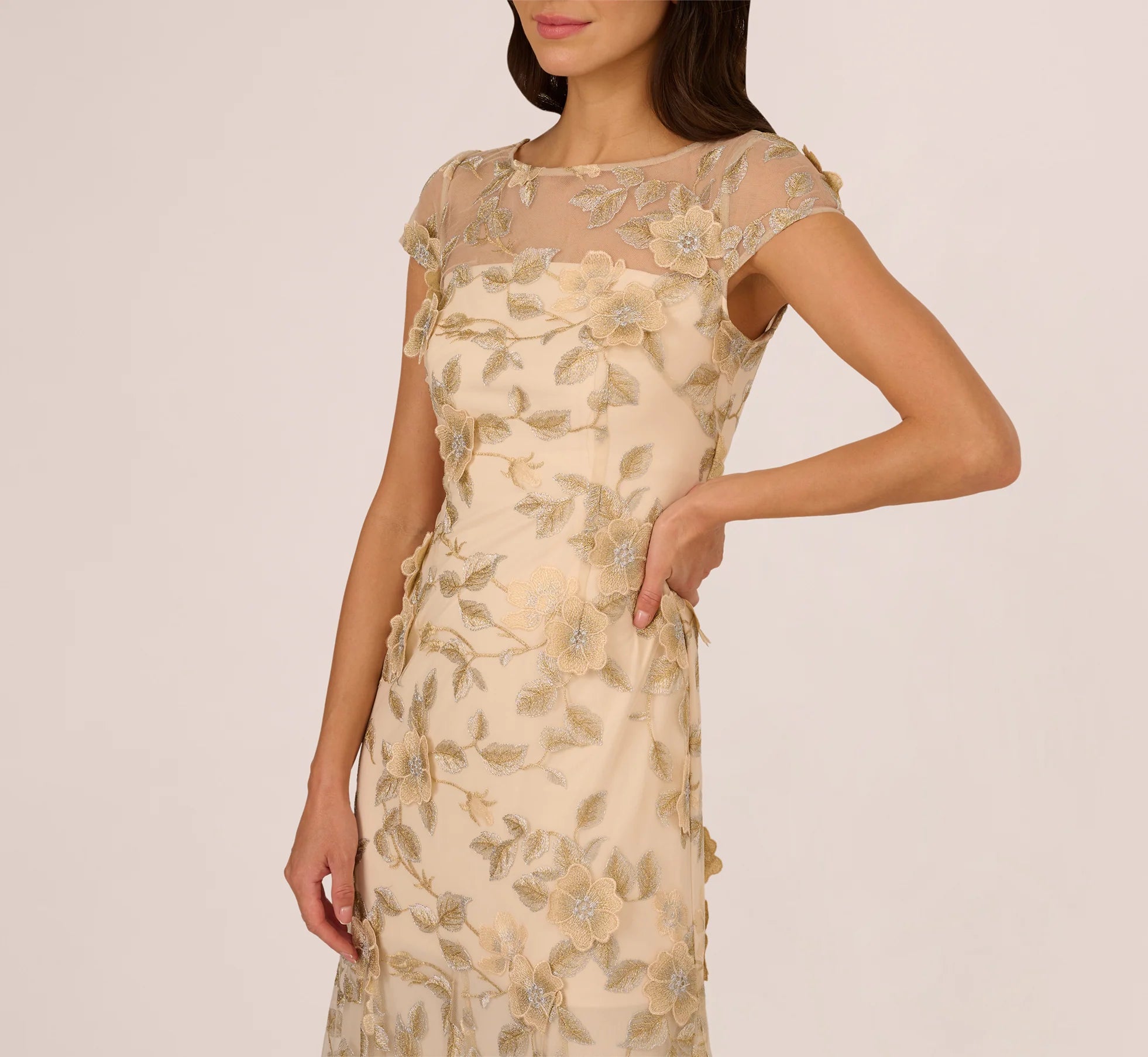 Cap Sleeve Floral Embroidered Illusion Godet Gown In Champagne