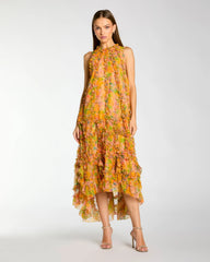 Sleeveless Floral Chiffon Micro Ruffle Midi Dress