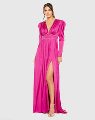 Rhinestone Trim Puff Sleeve Gathered Gown