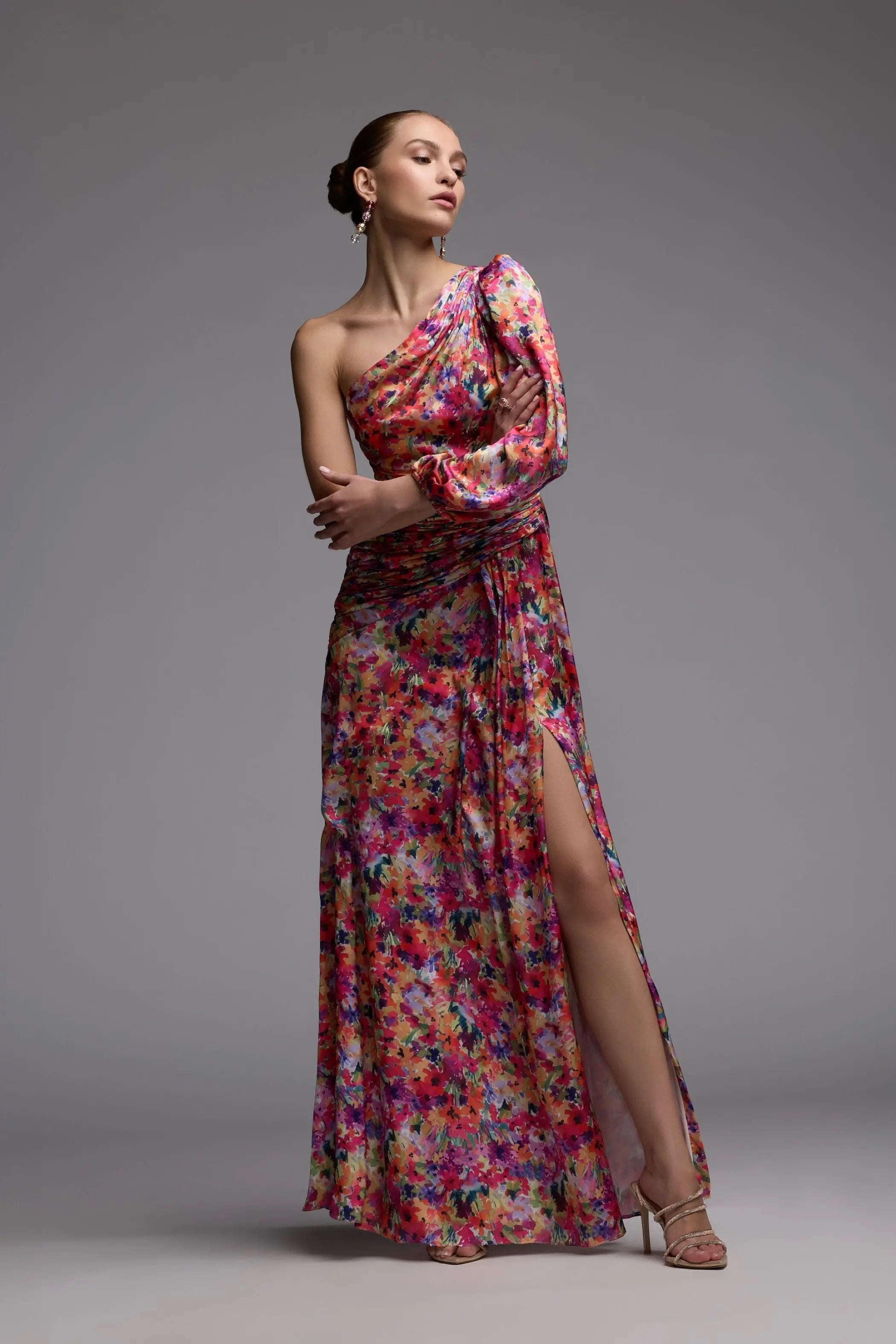 Multicolor One Sleeve Floral Print Charmeuse Gown With Slit