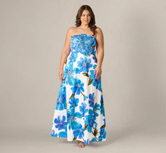 Plus Size Strapless 3D Floral Beaded Dupioni Gown In Ivory Blue Multi