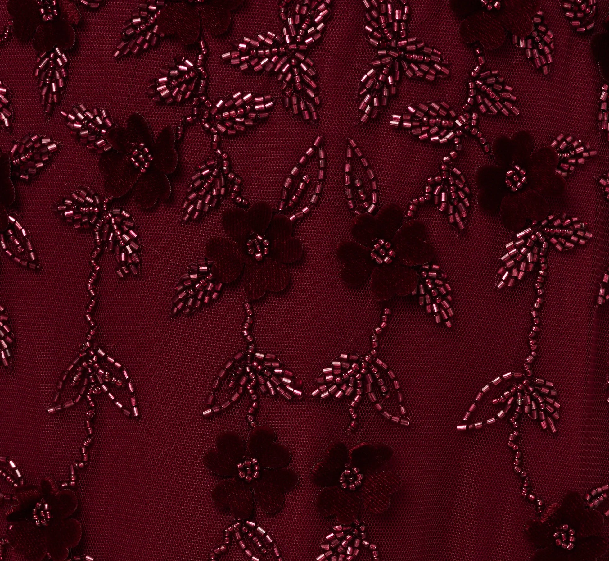 Velvet Floral Beaded Gown With Sheer Tank Straps In Mahogany