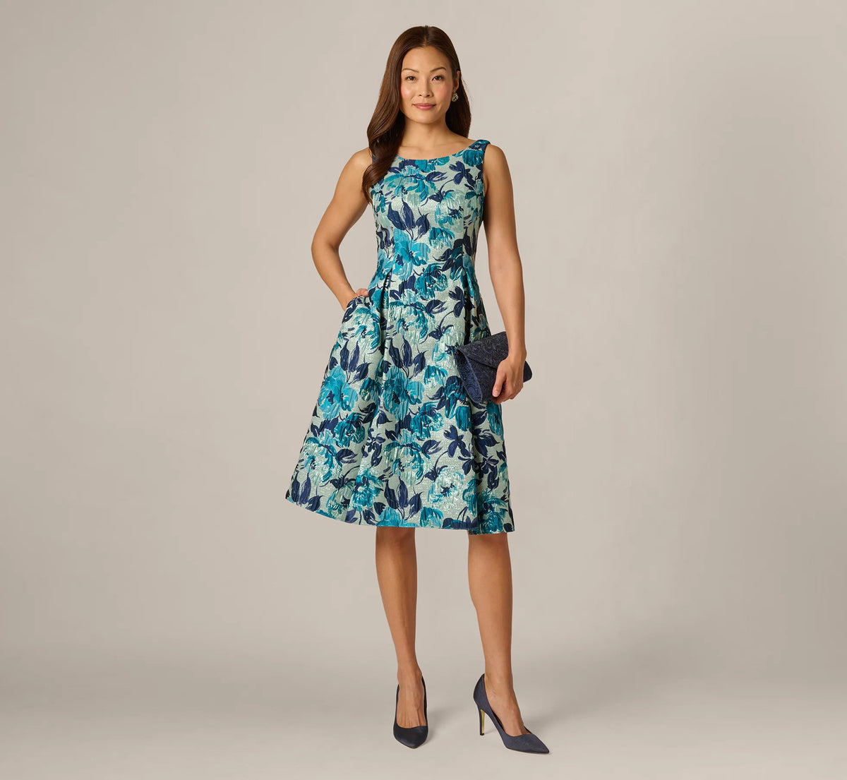Metallic Floral Jacquard Boat Neck Fit And Flare In Blue Multi