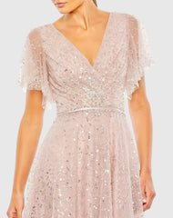 Pink Embellished Butterfly Sleeve Wrap Over Gown