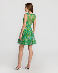 Green Multicolor Micro Ruffle Floral A-Line Mini Dress