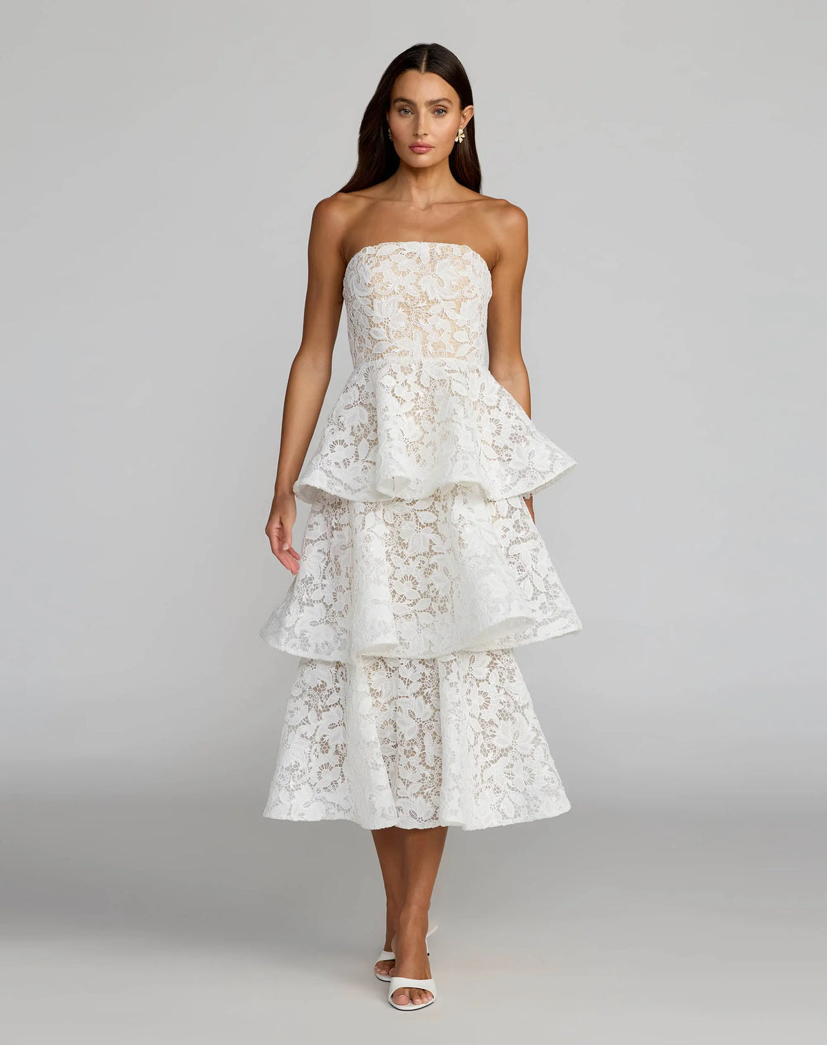 White and Beige Strapless Lace Tiered Ruffle Midi Dress