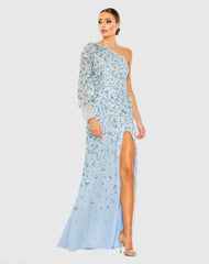 Embellished One Sleeve Faux Wrap Gown