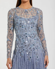Blue Embellished Long Sleeve Drop Waist Gown