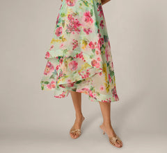Collared Floral Organza High Low Midi Dress In Mint Multi