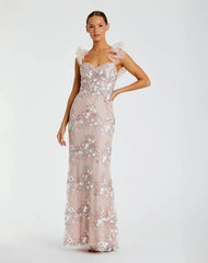 Embroidered Lace Floral Gown with Ruffle Straps