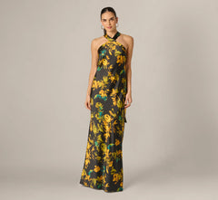 Floral Stretch Satin Scarf Halter Gown In Black Multi