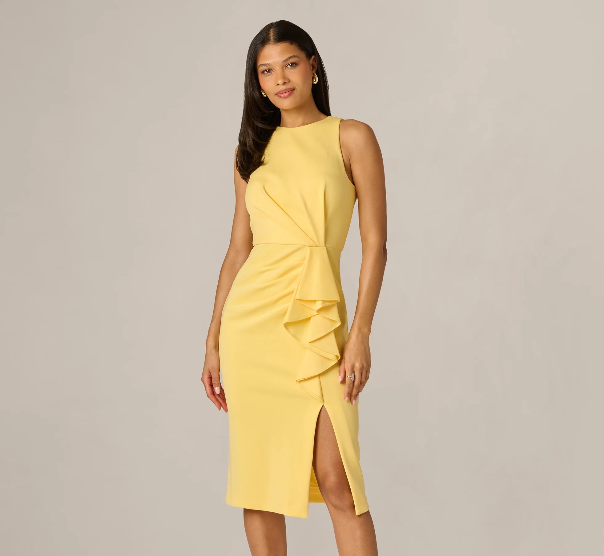 Sleeveless Draped Stretch Sheath Dress In Warm Sun