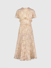 Beige Boucle Short Sleeve A Line Midi Dress