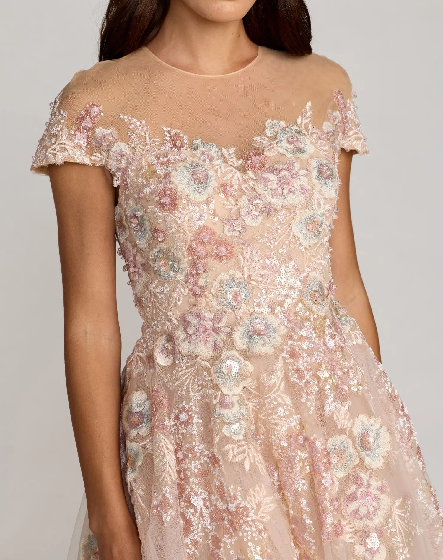 Pink Embroidered Tulle High Neck Cap Sleeve Dress