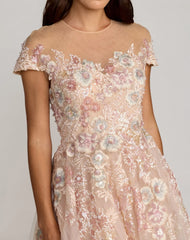 Pink Embroidered Tulle High Neck Cap Sleeve Dress