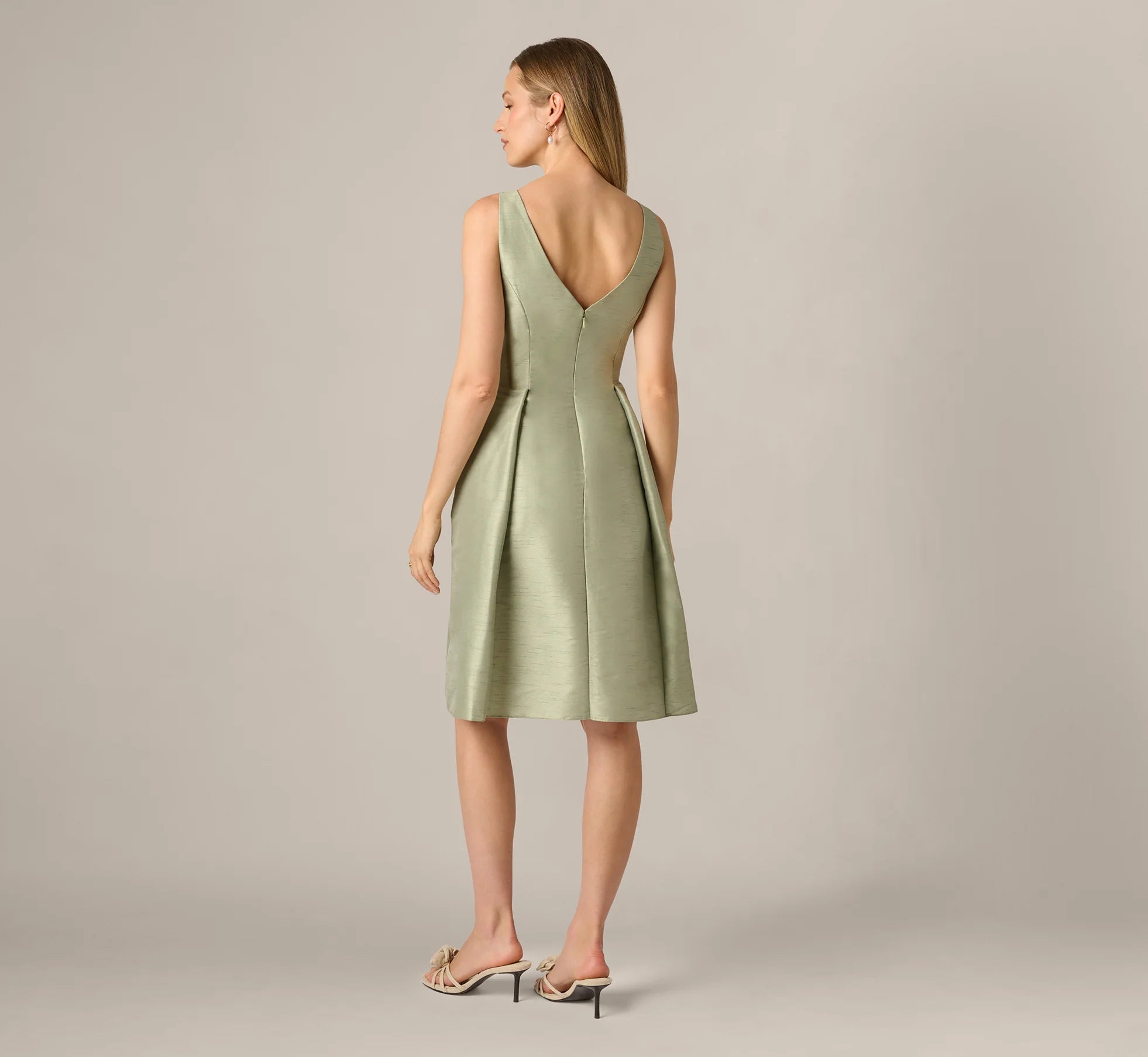 Dupioni Tie Front Fit And Flare Dress In Sage
