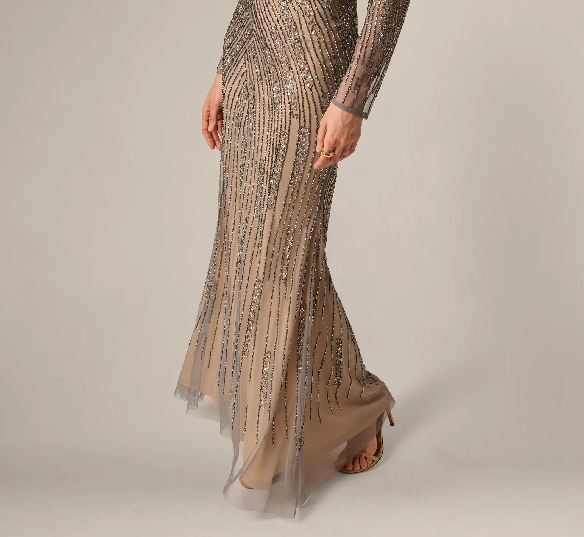 Hand Beaded Off Shoulder Gown In Sterling