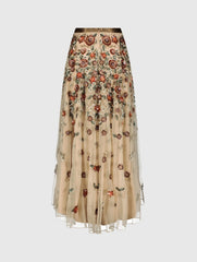 Beige Floral Beaded Long Chiffon Skirt