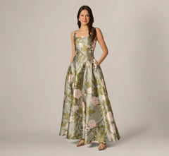Drop Waist Square Neck Floral Ballgown In Sage Multi
