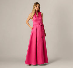 Sleeveless Queen Anne Tie Front Ballgown In Electric Pink