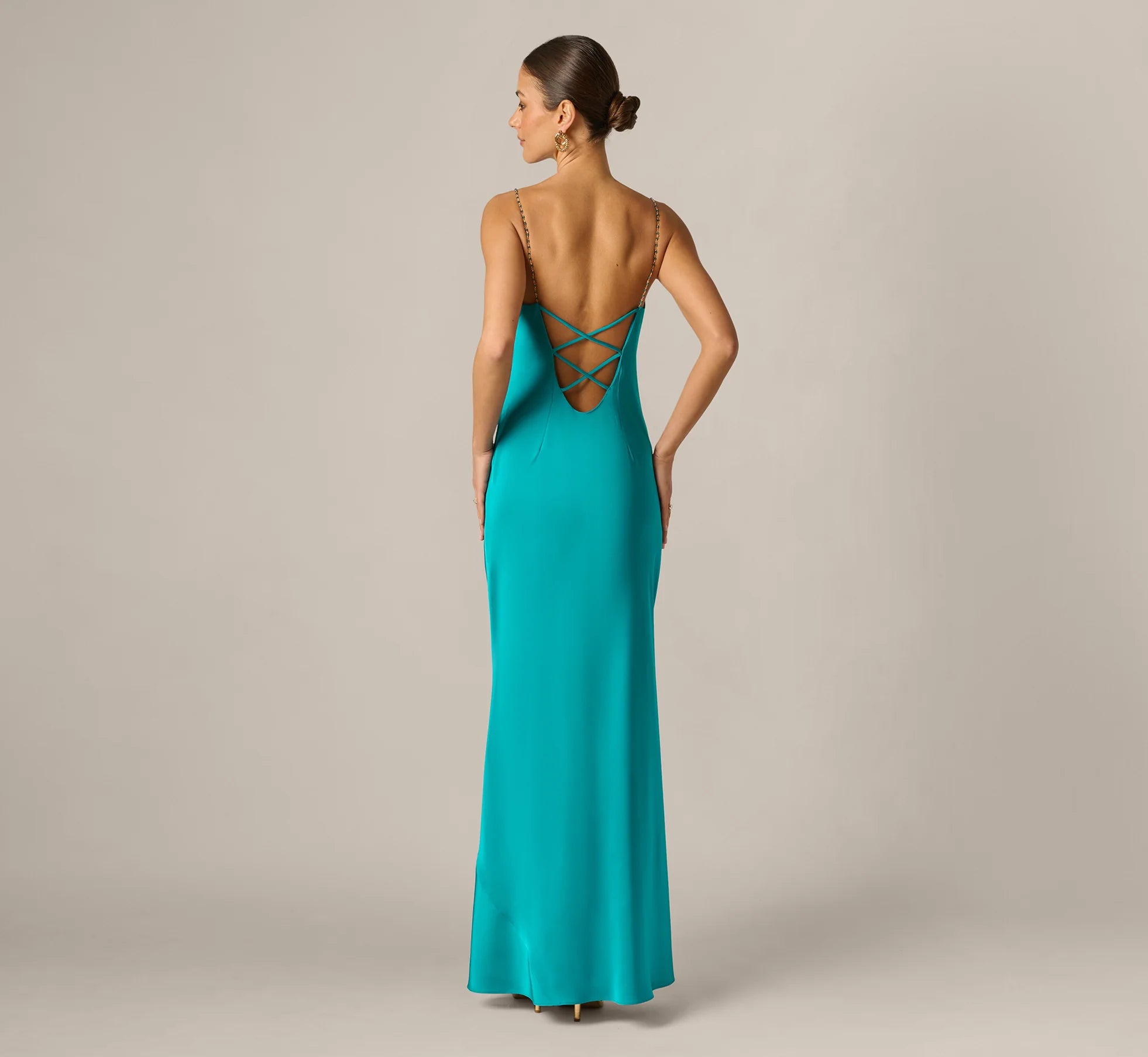 Stretch Satin Cross Back Cowl Neck Gown In Turquoise