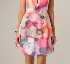 Watercolor Floral Chiffon Sweetheart Mini Dress In Pink Orange Multi