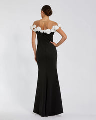 Black Crepe Mermaid Gown With 3D Flowers