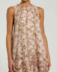Pink Sleeveless Floral Micro Ruffle Trapeze Midi Dress