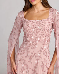 Pink Floral Embellished Cape Sleeve Gown