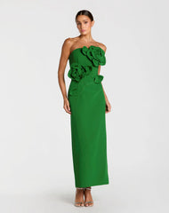 Green Strapless Crepe Dress With 3D Flower Detail