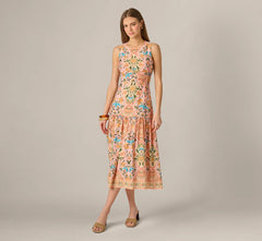 Floral Printed Cutout Drop Waist Midi Dress In Peach Multi