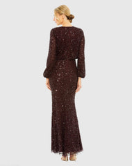 Red High Neck Long Sleeve Beaded Blouson Gown