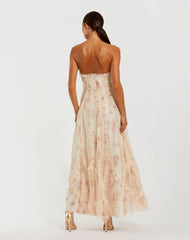 Pink and White Strapless Floral Ruffle Dress