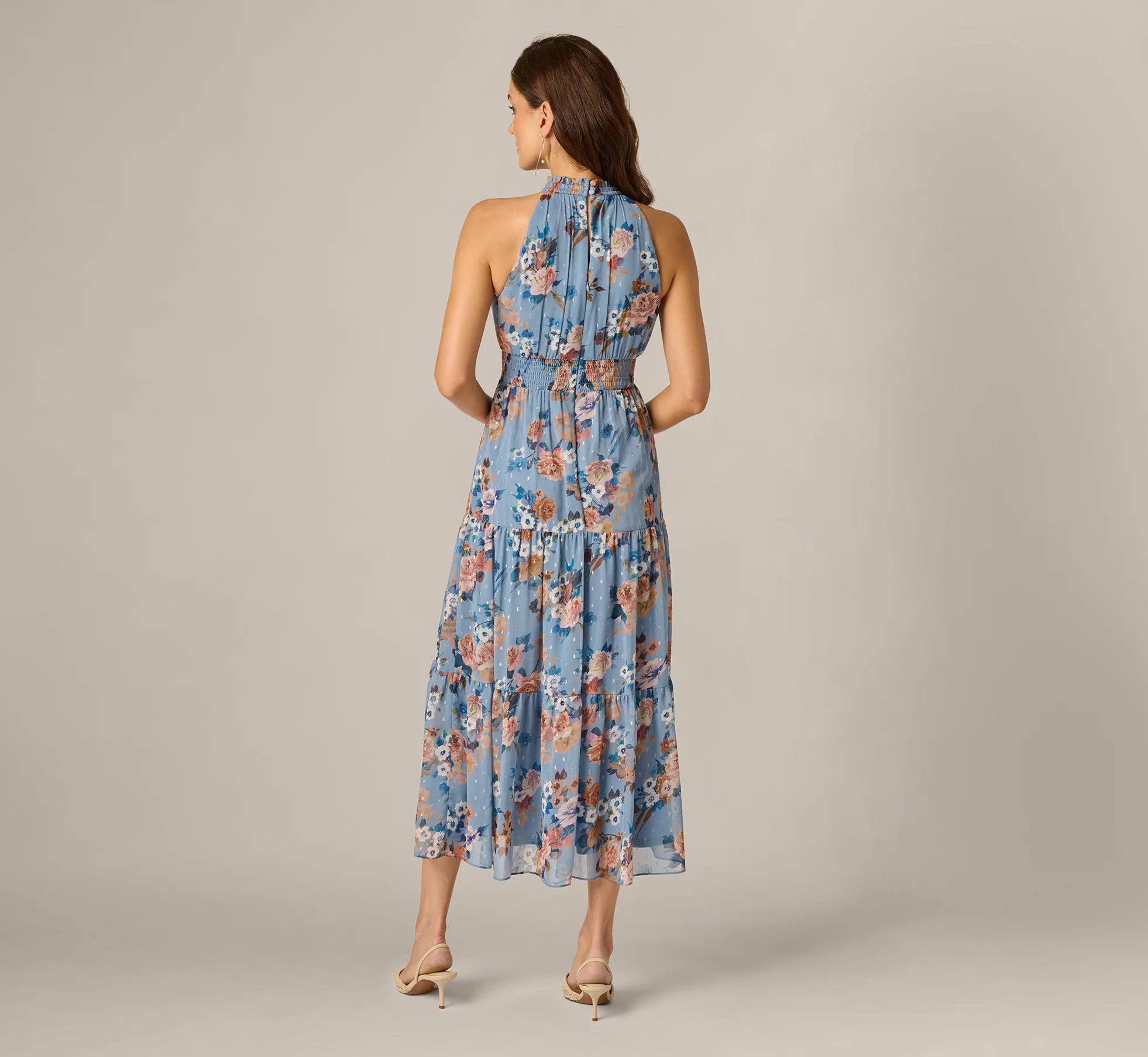 Floral Meta Chiffon Tiered Halter Midi Dress In Blue Multi