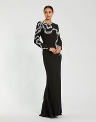Black Jersey Evening Gown With Beaded Swirl Detail