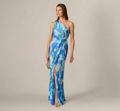 One Shoulder Floral Chiffon Draped Gown In Blue Multi