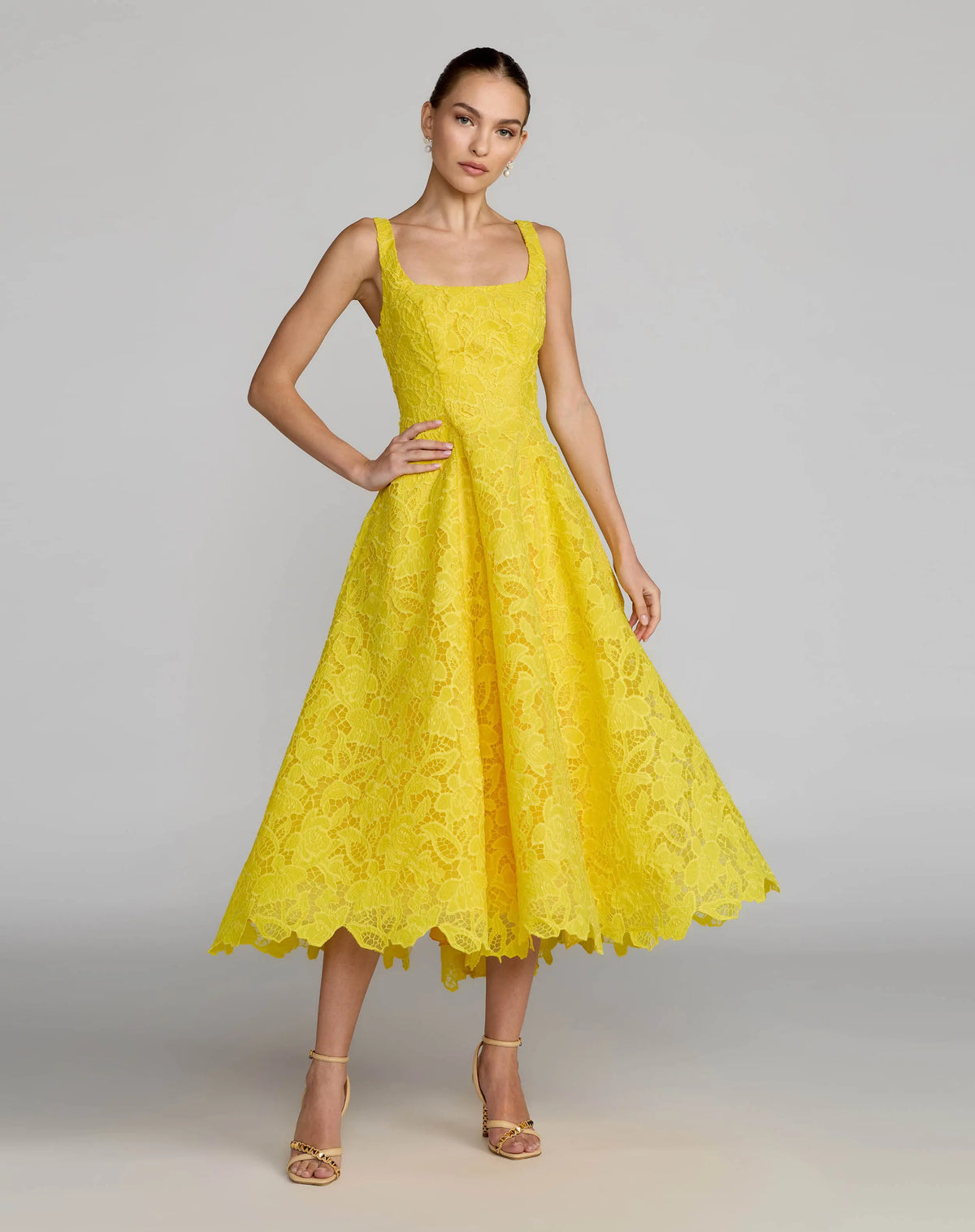 Yellow Lace Square Neck A-Line Midi Dress