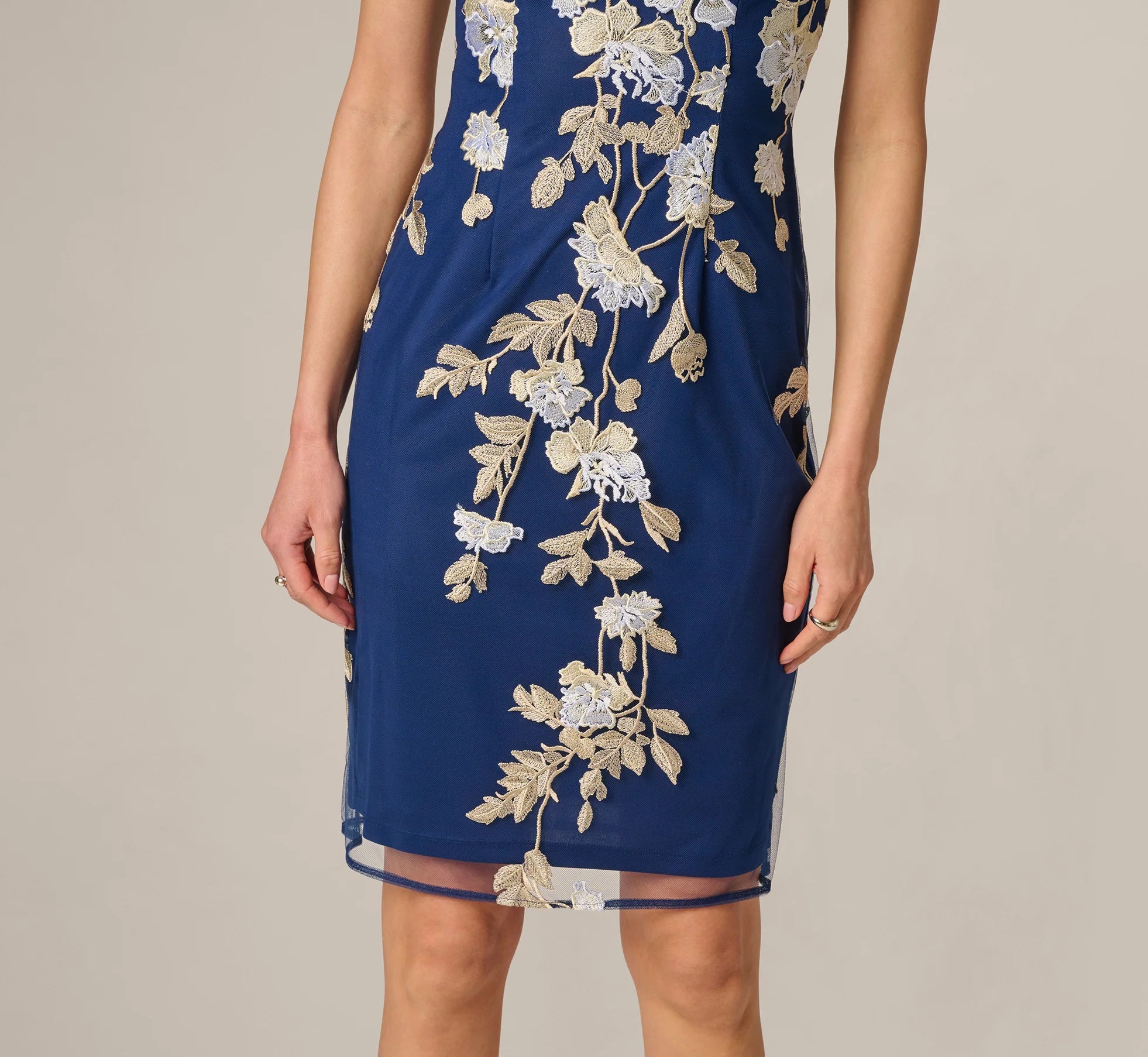 Sleeveless Illusion Floral Embroidery Sheath Dress In Navy Ecru