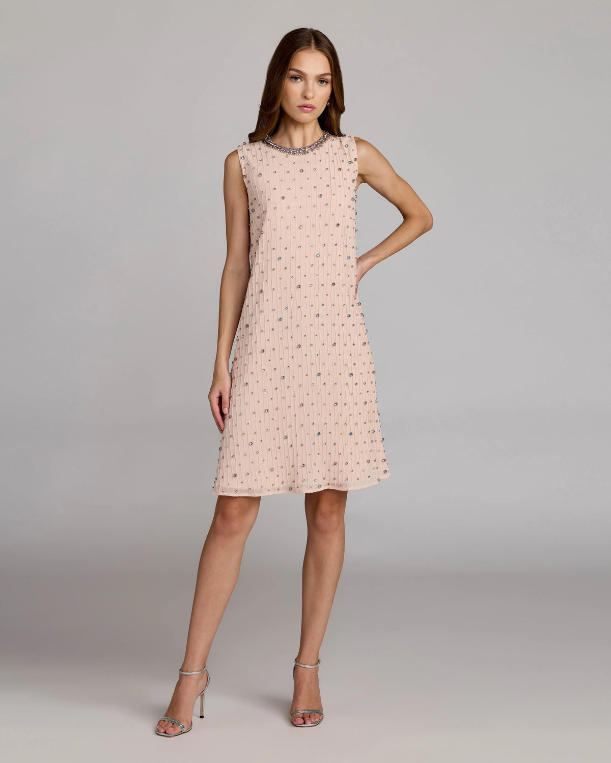 Light Pink Embellished Sleeveless Shift Mini Dress