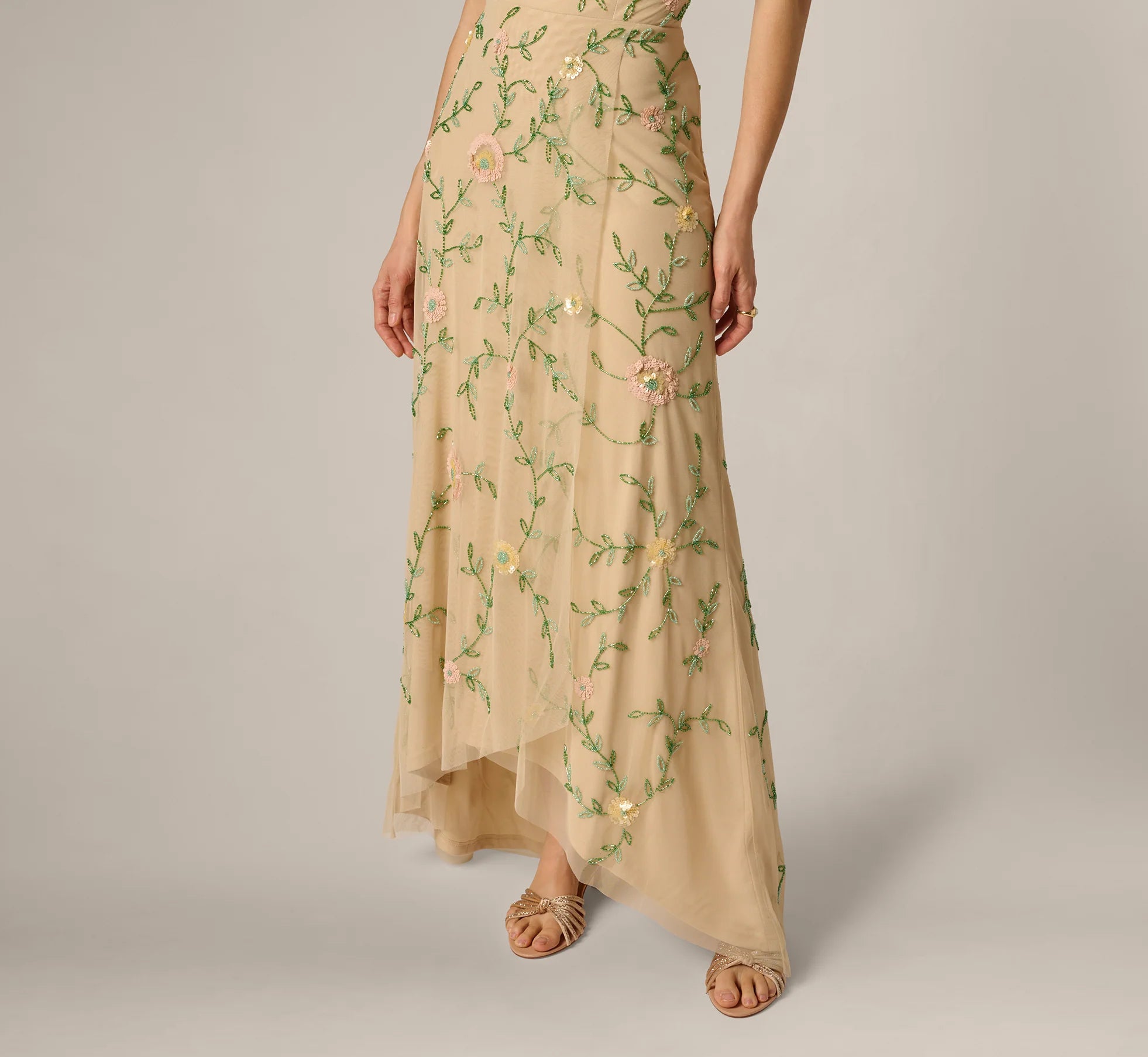 One Shoulder Floral Vine Beaded High Low Gown In Light Champagne