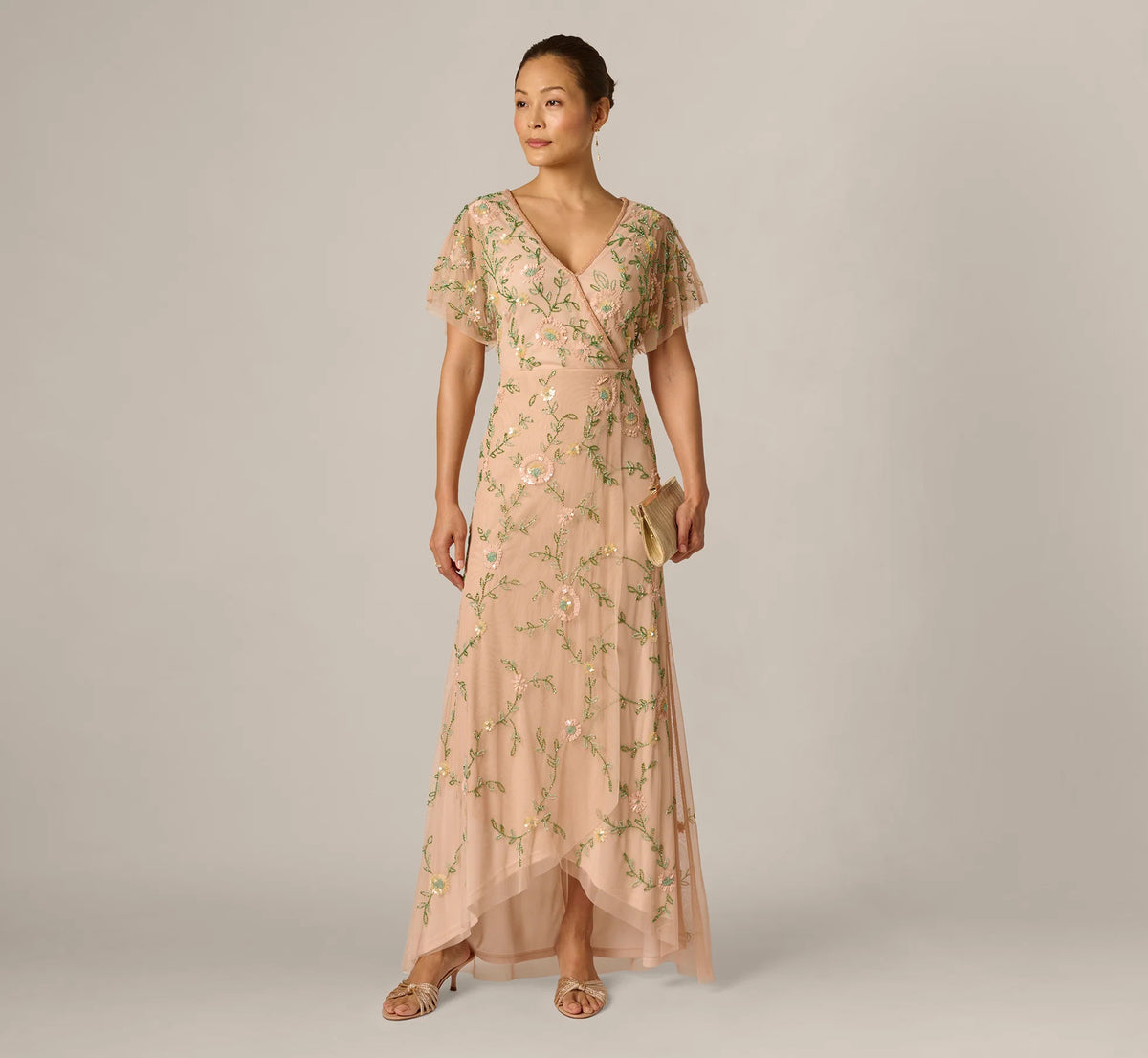 Flutter Sleeve Beaded Wrap Dress In Blush Multi