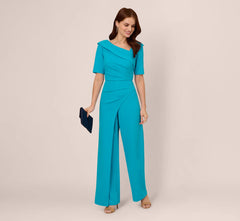 Short Sleeve Asymmetrical Wide Leg Crepe Jumpsuit In Bel Air Blue