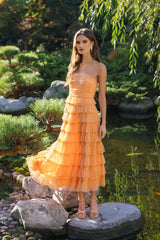 Orange Micro Ruffle Strapless Midi Dress