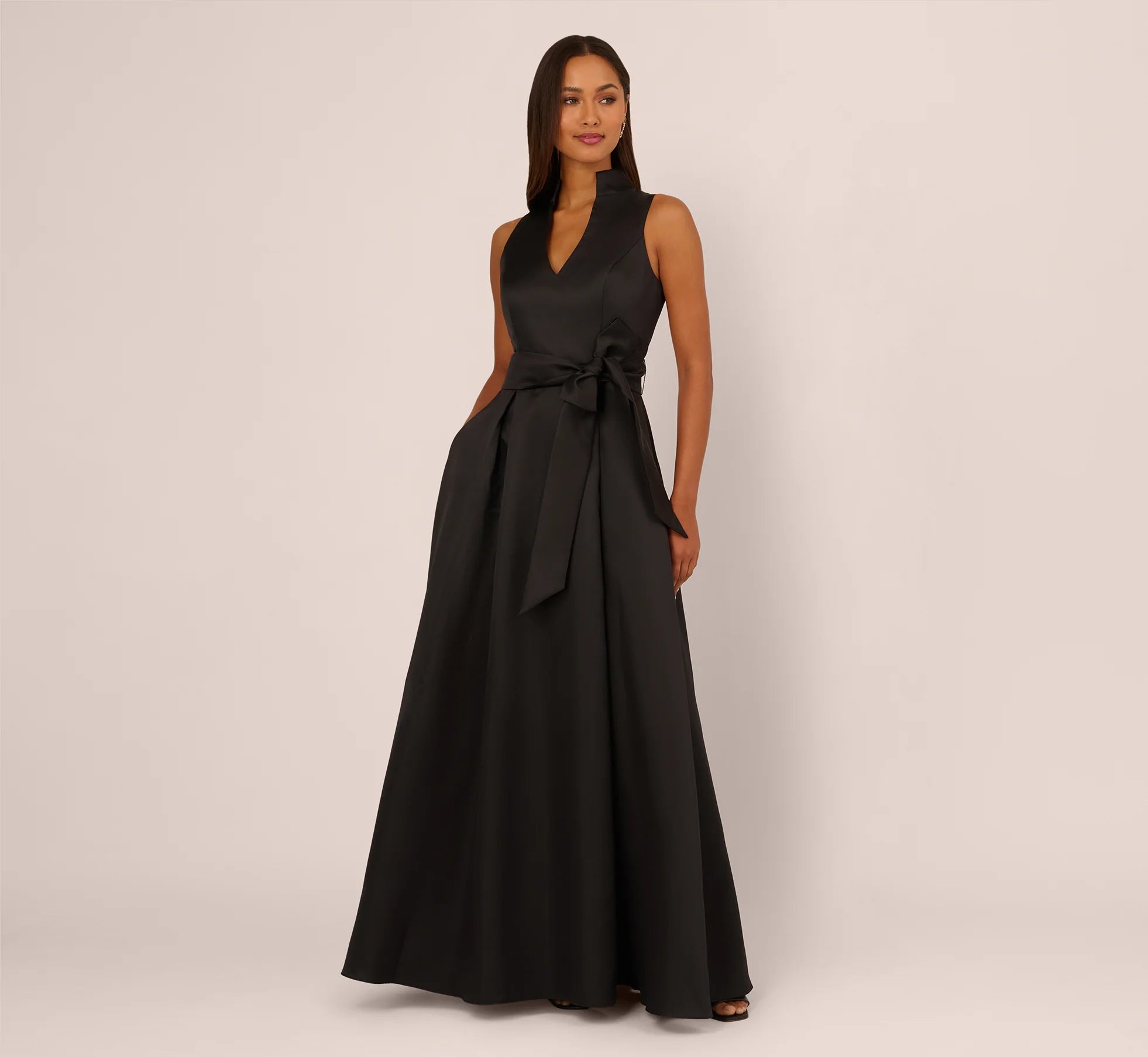 Sleeveless Queen Anne Tie Front Ballgown In Black