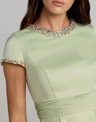 Petite Green Embellished Satin Cap Sleeve Ball Gown