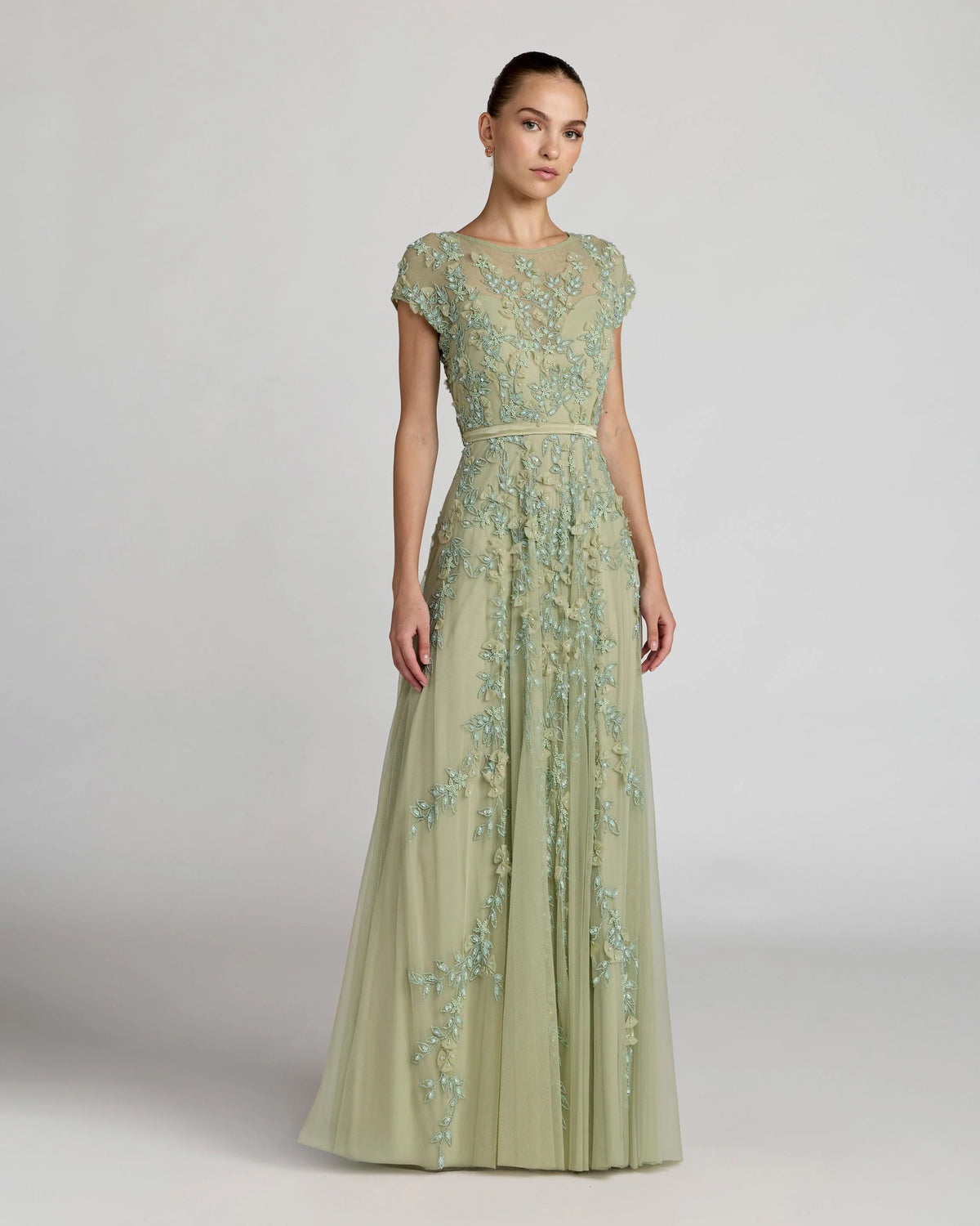 Green Floral Embellished Cap Sleeve Gown