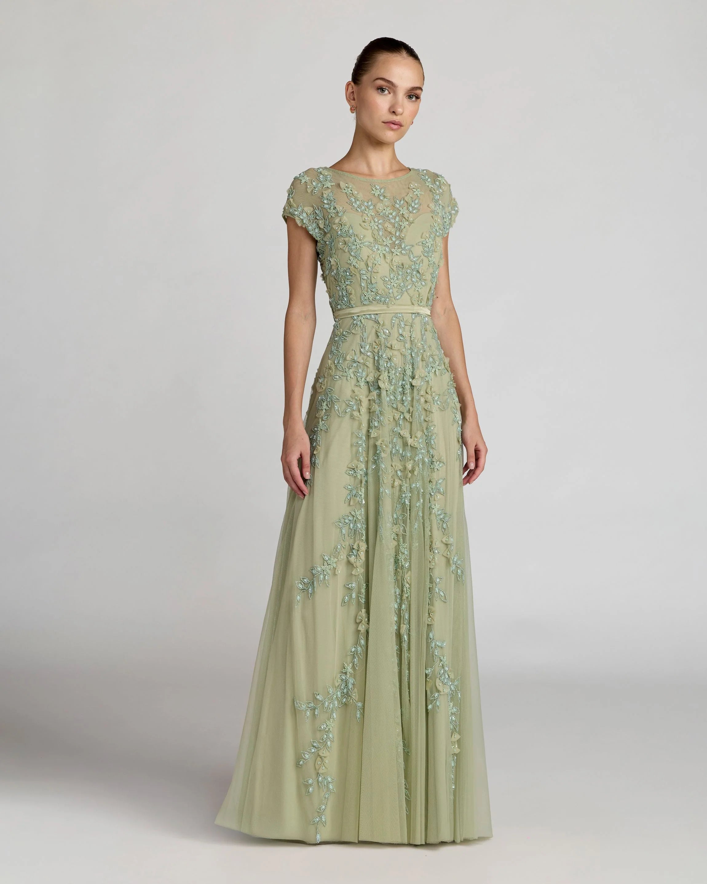 Floral Embellished Cap Sleeve Gown