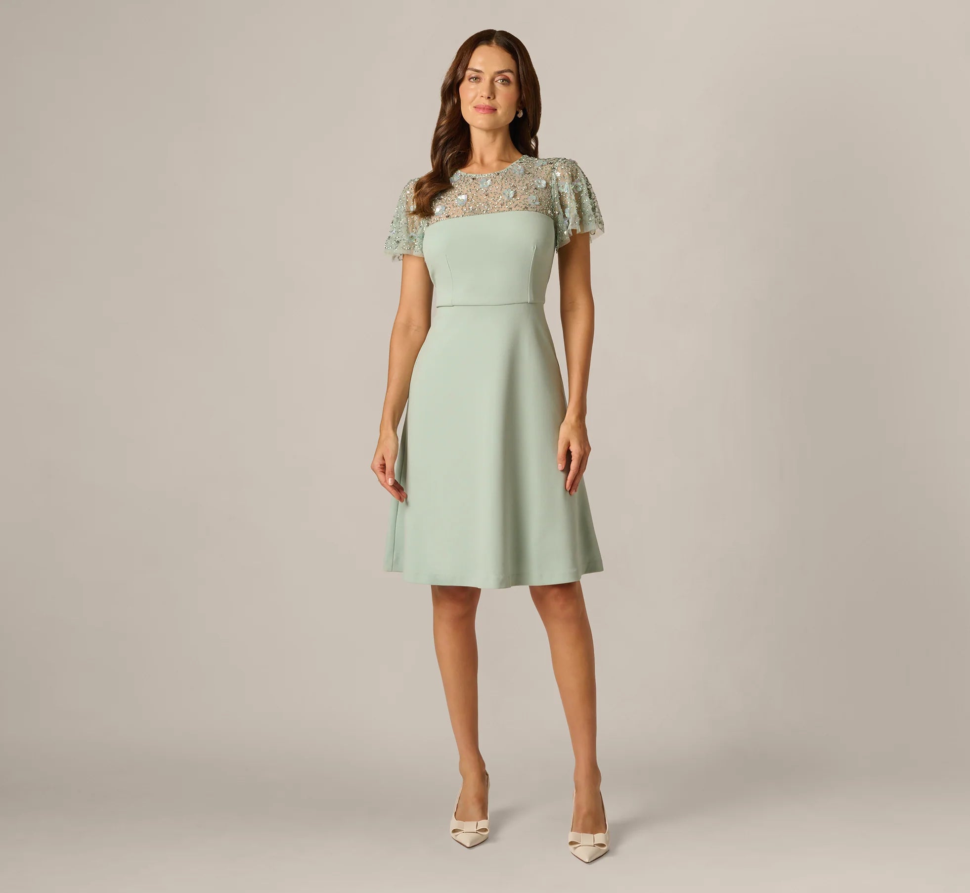 Flutter Sleeve Beaded Illusion Short Dress In Icy Sage